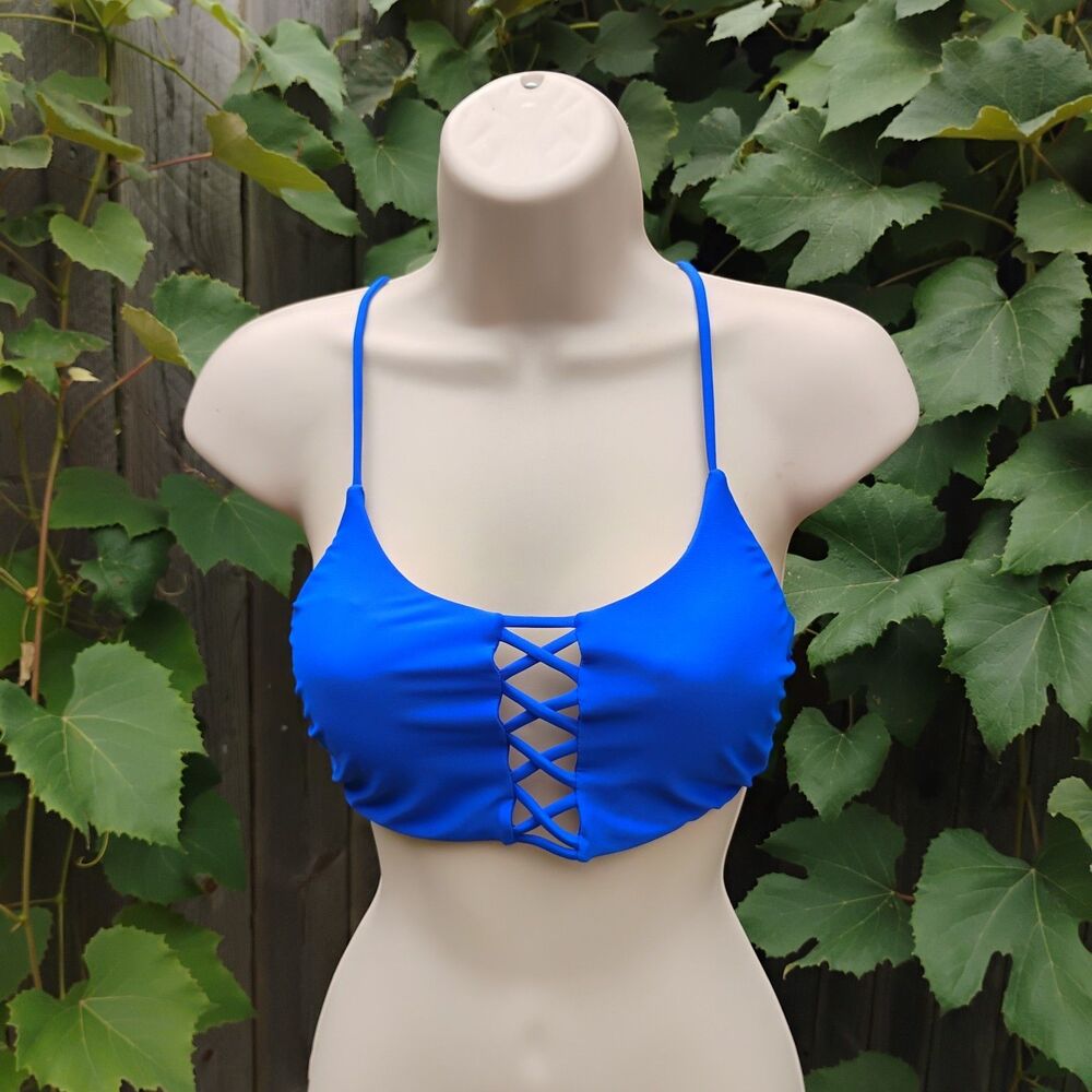 Express Blue Lace Up Front Bikini Top Small Lattice Criss Cross Back Padded